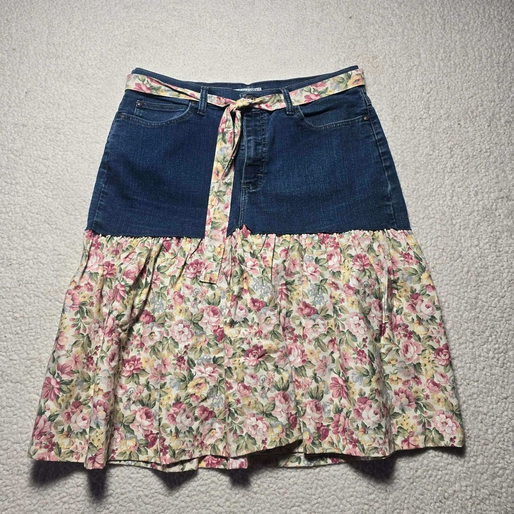Lee Relaxed Fit Denim Floral Ruffle Skirt Womens 14 Medium Blue Pink Cottagecore